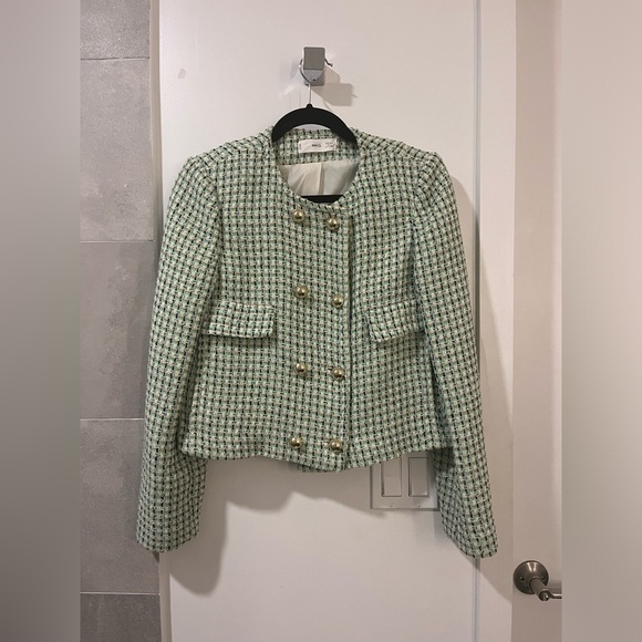 Mango Double-Breasted Round Neck Tweed Jacket Green Multi Size M - Picture 2 of 5
